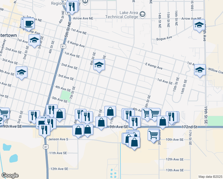 map of restaurants, bars, coffee shops, grocery stores, and more near 216 10th Street Southeast in Watertown