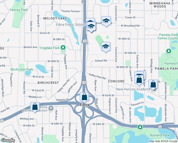 map of restaurants, bars, coffee shops, grocery stores, and more near 4835 Valley View Road in Minneapolis