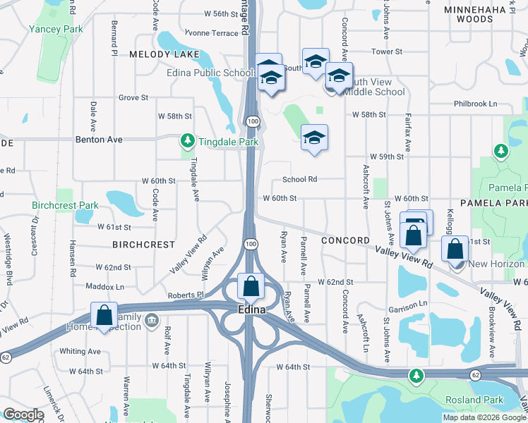 map of restaurants, bars, coffee shops, grocery stores, and more near 4835 Valley View Road in Minneapolis