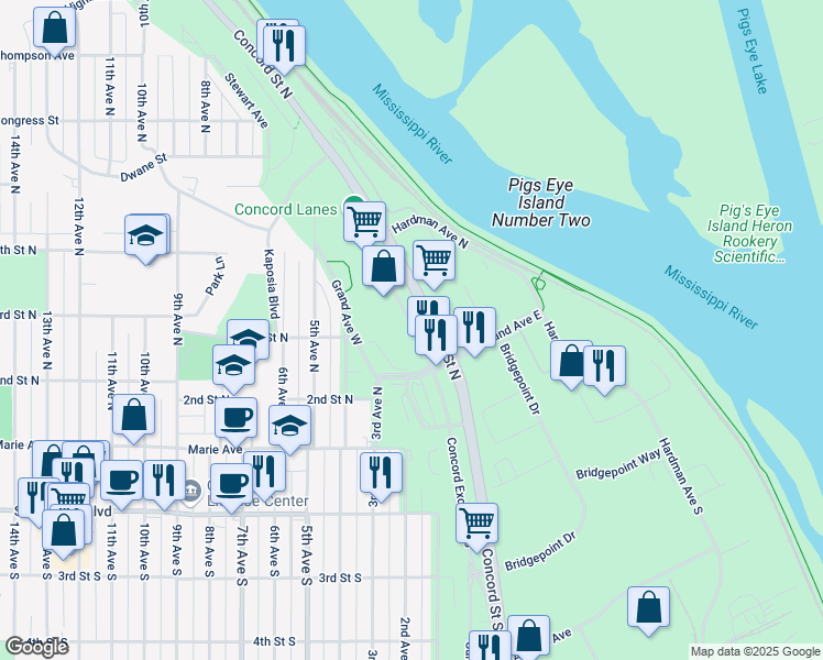 map of restaurants, bars, coffee shops, grocery stores, and more near 201 Concord Exchange North in South Saint Paul