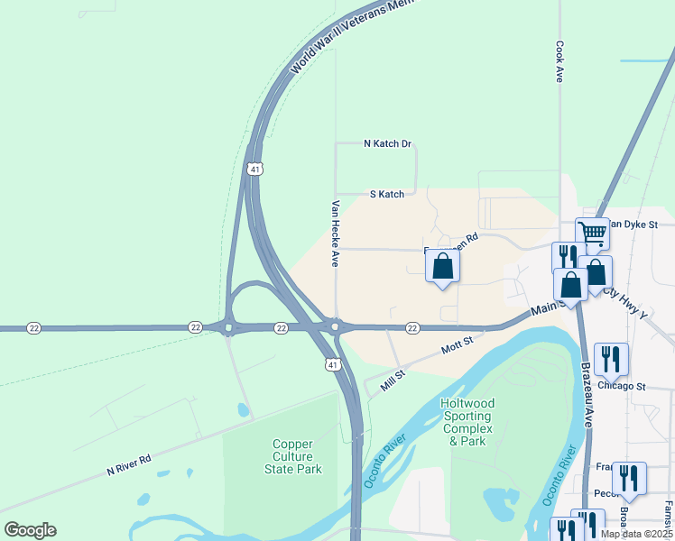 map of restaurants, bars, coffee shops, grocery stores, and more near 6150 Van Hecke Avenue in Oconto