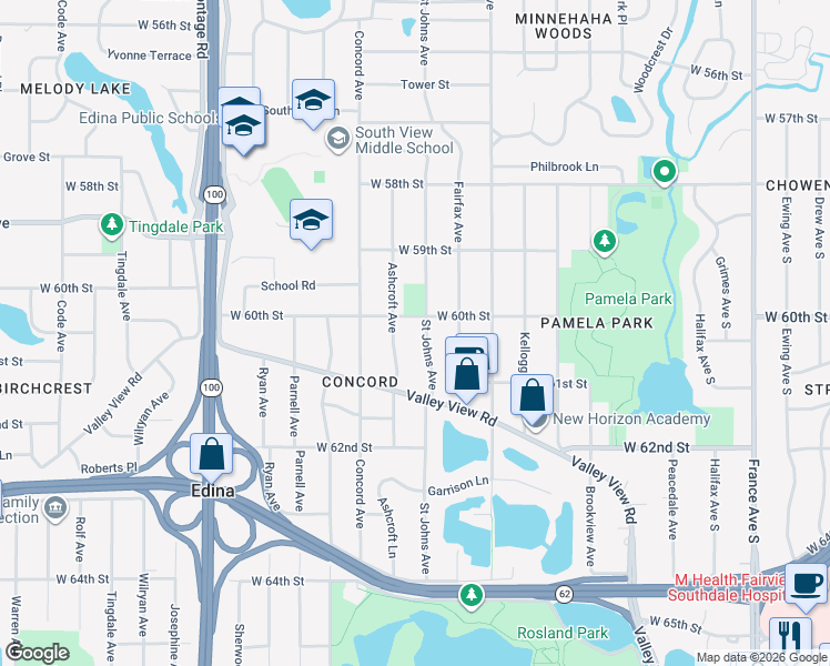 map of restaurants, bars, coffee shops, grocery stores, and more near 6012 Saint Johns Avenue in Minneapolis