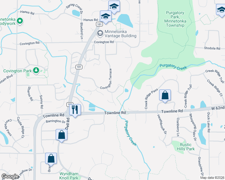 map of restaurants, bars, coffee shops, grocery stores, and more near 6100 Creek Line Drive in Minnetonka