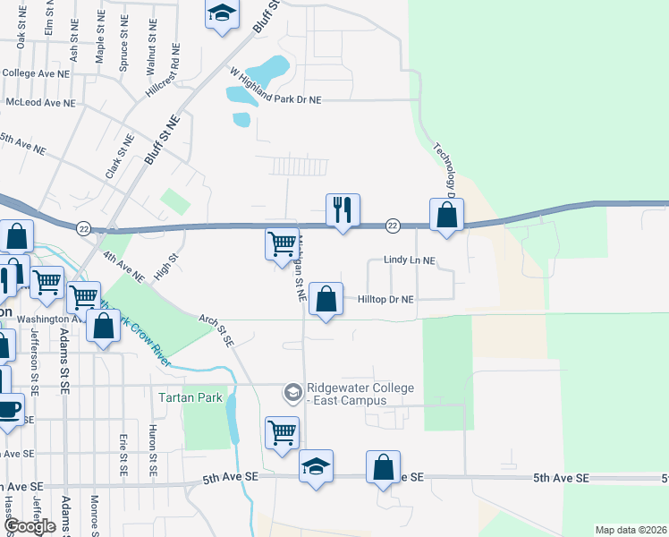 map of restaurants, bars, coffee shops, grocery stores, and more near 123 Morningside Drive Northeast in Hutchinson