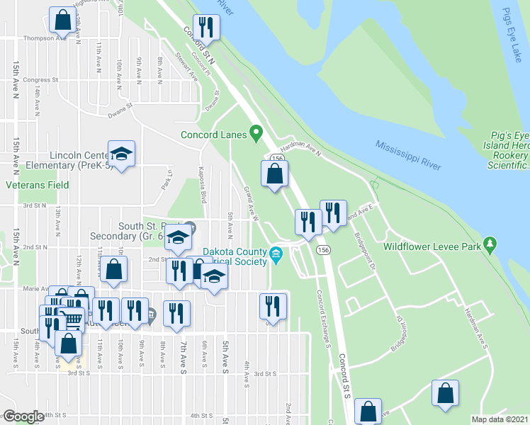 map of restaurants, bars, coffee shops, grocery stores, and more near 300 Grand Avenue West in South Saint Paul