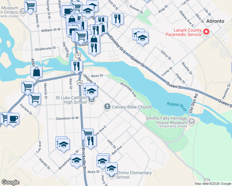 map of restaurants, bars, coffee shops, grocery stores, and more near 36 Beech Street in Smiths Falls