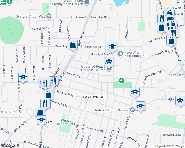 map of restaurants, bars, coffee shops, grocery stores, and more near 266 Mize Road South in Salem