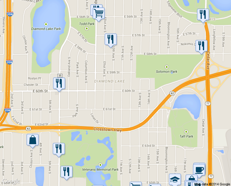 map of restaurants, bars, coffee shops, grocery stores, and more near 6020 11th Avenue South in Minneapolis