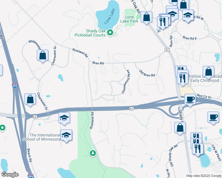 map of restaurants, bars, coffee shops, grocery stores, and more near 6050 Chasewood Parkway in Hopkins