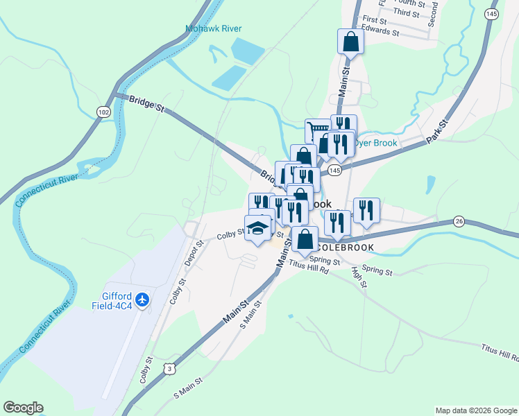 map of restaurants, bars, coffee shops, grocery stores, and more near 13 Monadnock Street in Colebrook