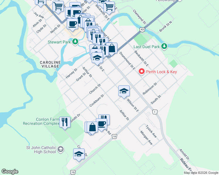 map of restaurants, bars, coffee shops, grocery stores, and more near 55 Cockburn Street in Perth