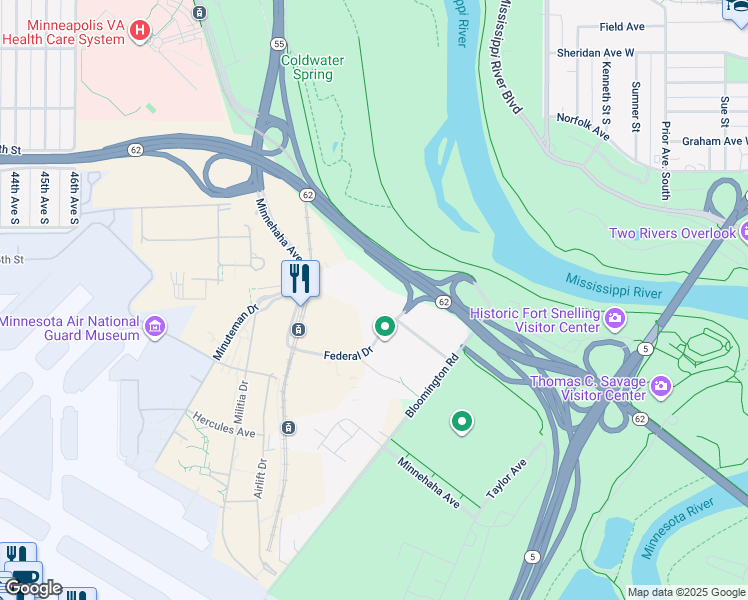 map of restaurants, bars, coffee shops, grocery stores, and more near 1 Federal Drive in Minneapolis