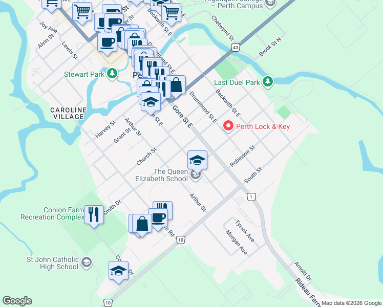 map of restaurants, bars, coffee shops, grocery stores, and more near in Perth