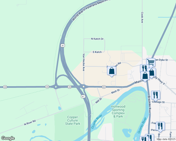 map of restaurants, bars, coffee shops, grocery stores, and more near 6150 Van Hecke Avenue in Oconto