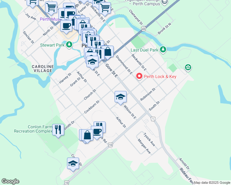 map of restaurants, bars, coffee shops, grocery stores, and more near 61 Wilson Street East in Perth