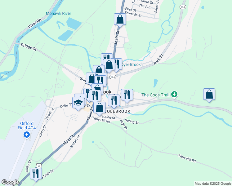 map of restaurants, bars, coffee shops, grocery stores, and more near 24 Pleasant Street in Colebrook