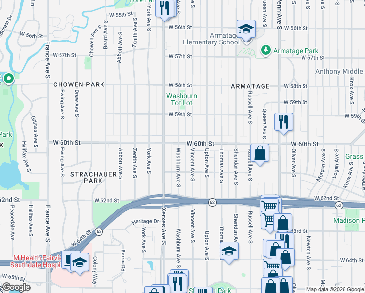 map of restaurants, bars, coffee shops, grocery stores, and more near 6020 Vincent Avenue South in Minneapolis