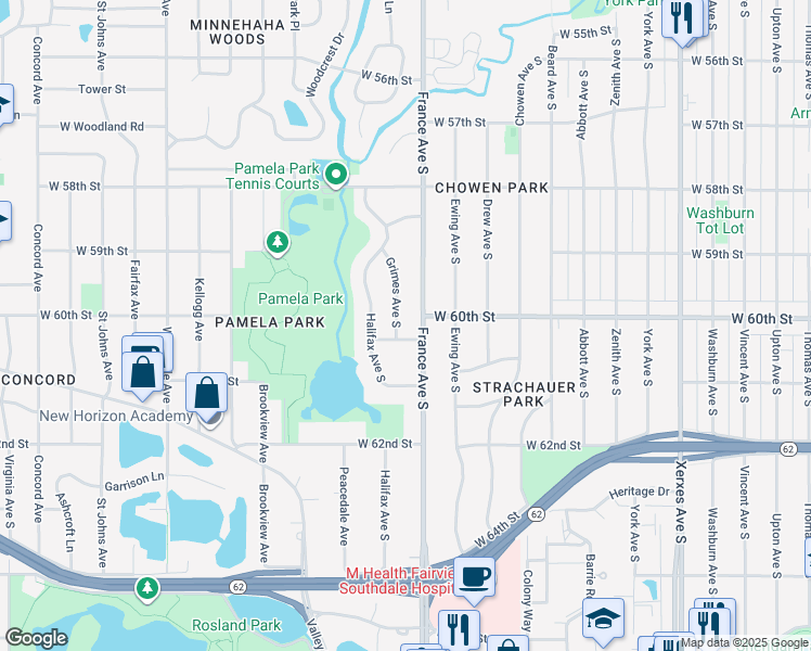 map of restaurants, bars, coffee shops, grocery stores, and more near 3909 West 60th Street in Minneapolis