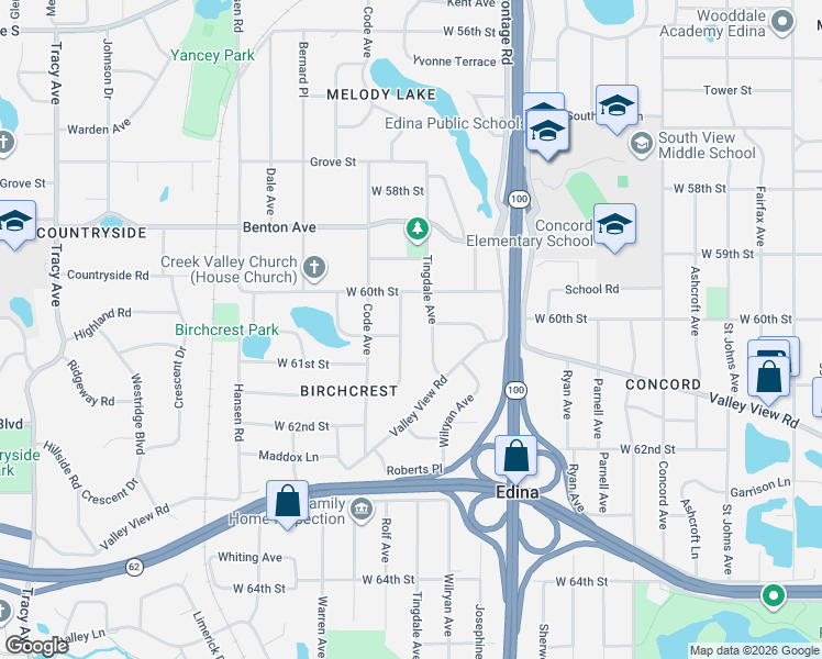 map of restaurants, bars, coffee shops, grocery stores, and more near 6109 Birchcrest Drive in Minneapolis