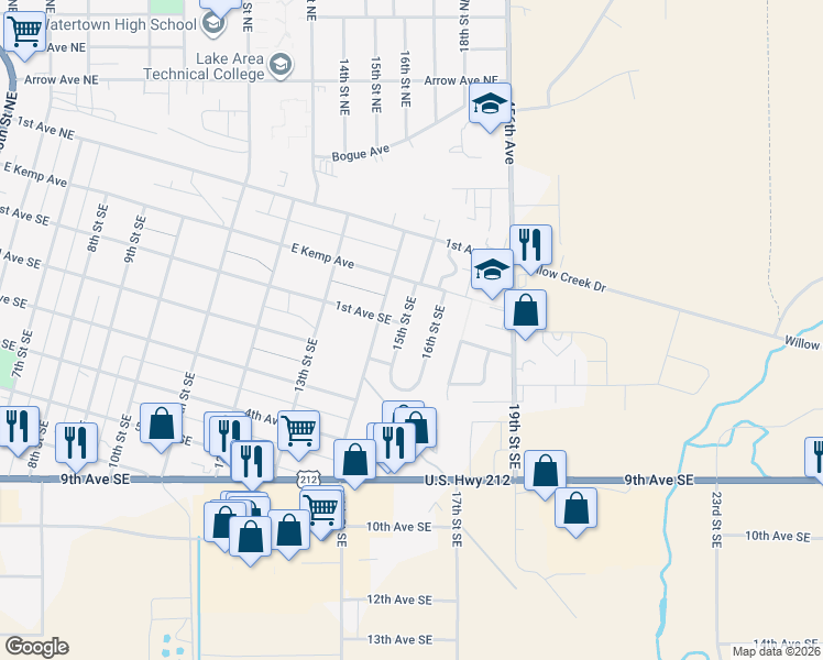 map of restaurants, bars, coffee shops, grocery stores, and more near 100-198 15th St SE in Watertown