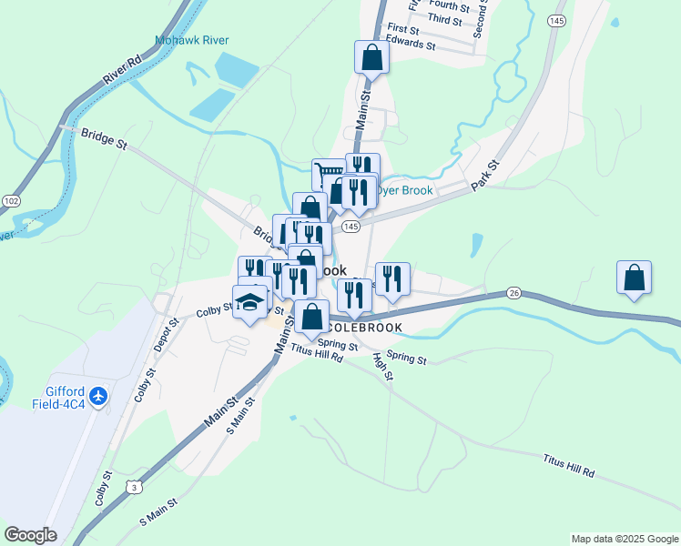 map of restaurants, bars, coffee shops, grocery stores, and more near 13 Academy Street in Colebrook