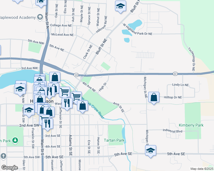 map of restaurants, bars, coffee shops, grocery stores, and more near 455 High Street in Hutchinson
