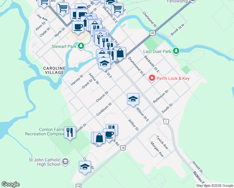 map of restaurants, bars, coffee shops, grocery stores, and more near in Perth