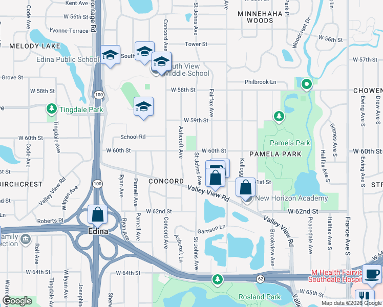 map of restaurants, bars, coffee shops, grocery stores, and more near 5933 Saint Johns Avenue in Minneapolis