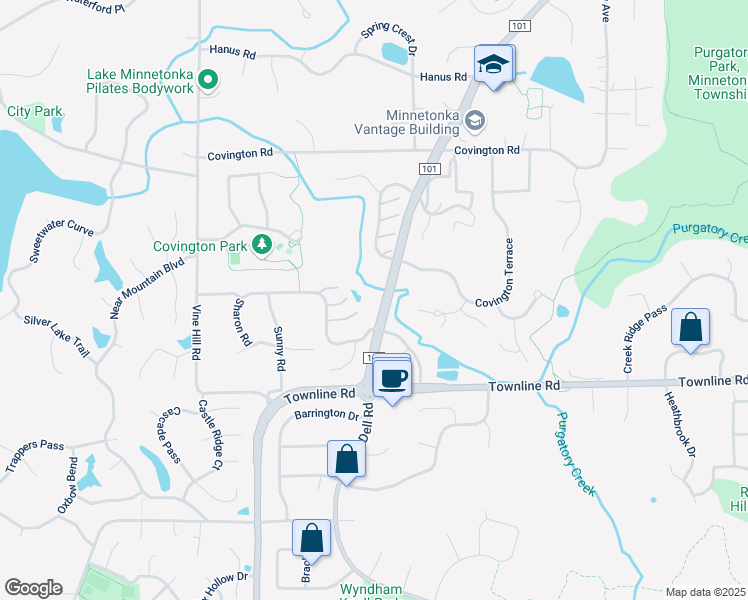 map of restaurants, bars, coffee shops, grocery stores, and more near 6008 County Road 101 in Minnetonka