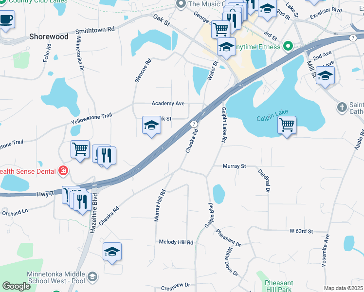 map of restaurants, bars, coffee shops, grocery stores, and more near 23075 Minnesota 7 in Shorewood
