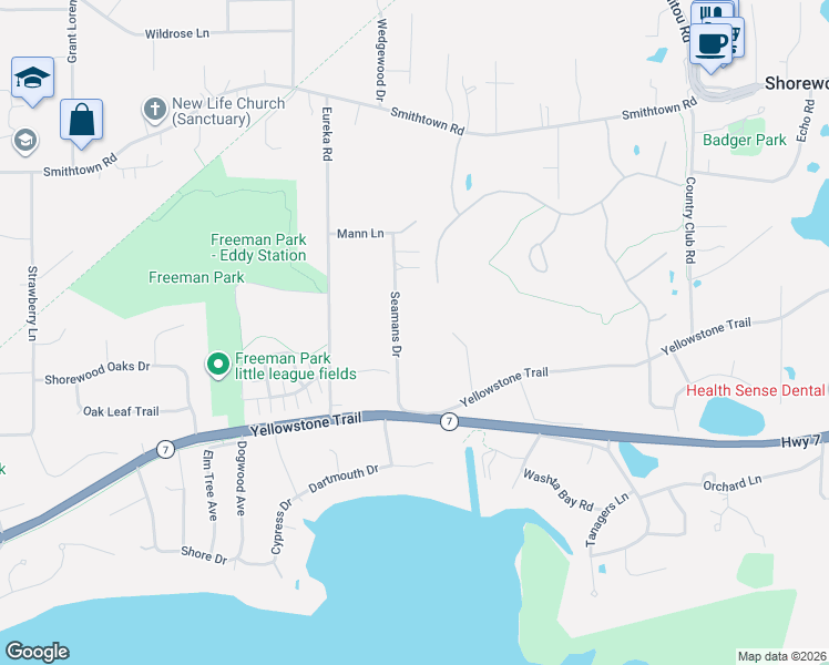map of restaurants, bars, coffee shops, grocery stores, and more near 6015 Seamans Drive in Shorewood