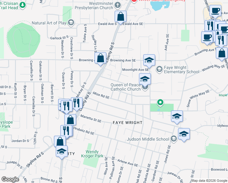 map of restaurants, bars, coffee shops, grocery stores, and more near 175 Friendship Avenue Southeast in Salem
