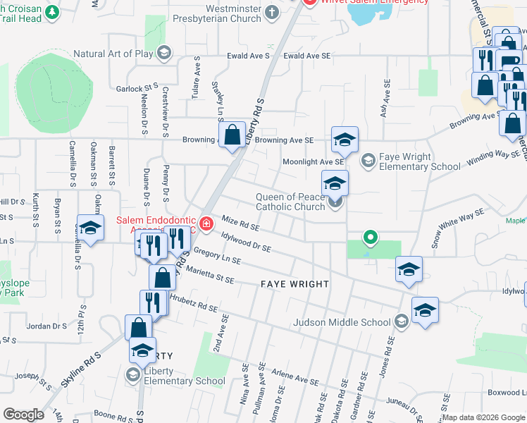map of restaurants, bars, coffee shops, grocery stores, and more near 175 Friendship Avenue Southeast in Salem