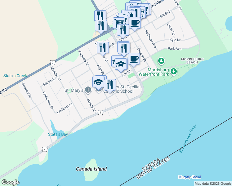 map of restaurants, bars, coffee shops, grocery stores, and more near First Street in Morrisburg
