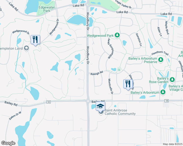 map of restaurants, bars, coffee shops, grocery stores, and more near 10020 Raleigh Road in Woodbury