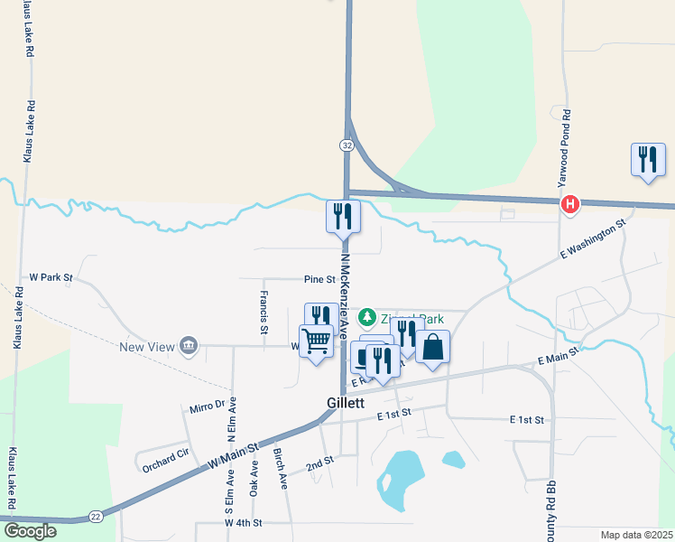 map of restaurants, bars, coffee shops, grocery stores, and more near 108 West Cedar Street in Gillett