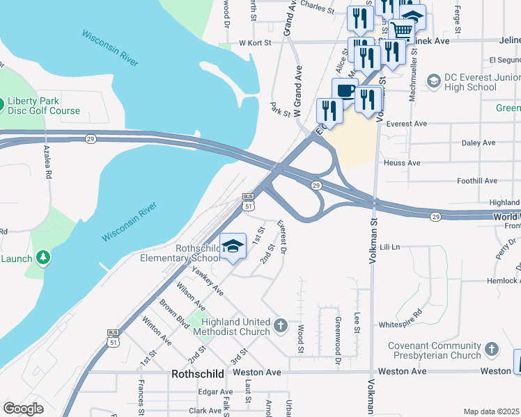 map of restaurants, bars, coffee shops, grocery stores, and more near 810 1st Street in Rothschild