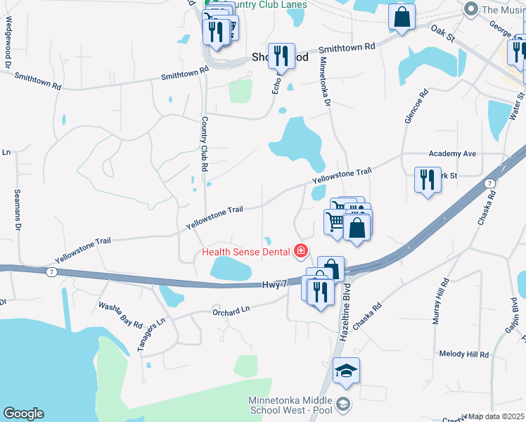 map of restaurants, bars, coffee shops, grocery stores, and more near 6025 Riviera Lane in Excelsior