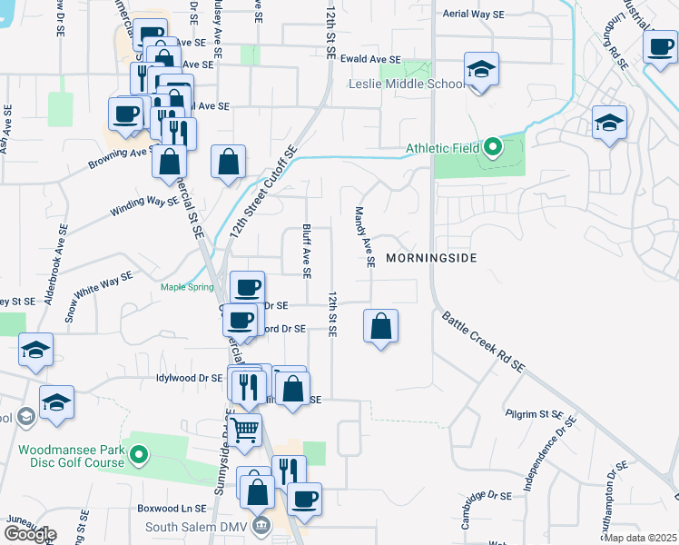 map of restaurants, bars, coffee shops, grocery stores, and more near 1275 Mandy Court Southeast in Salem