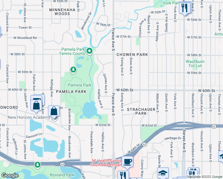 map of restaurants, bars, coffee shops, grocery stores, and more near 5925 Grimes Avenue South in Minneapolis