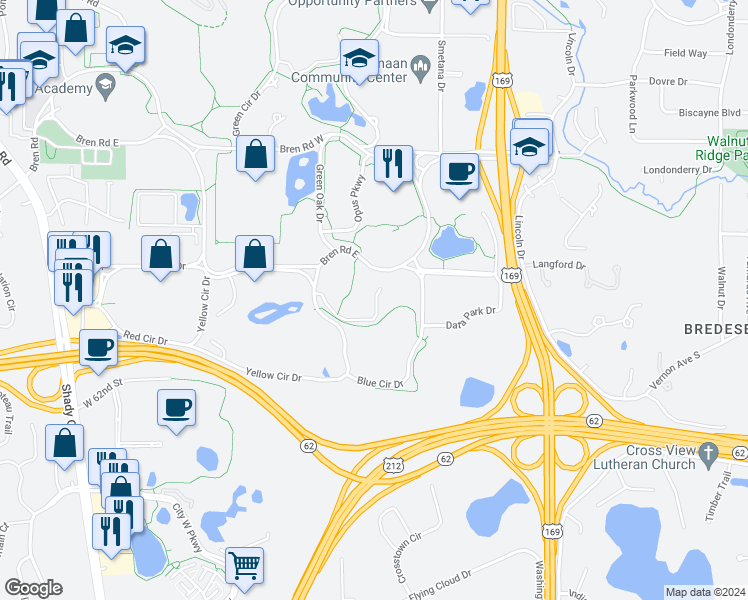 map of restaurants, bars, coffee shops, grocery stores, and more near 6024 Blue Circle Drive in Hopkins