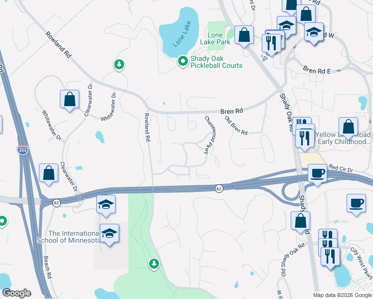 map of restaurants, bars, coffee shops, grocery stores, and more near 6000 Chasewood Parkway in Hopkins