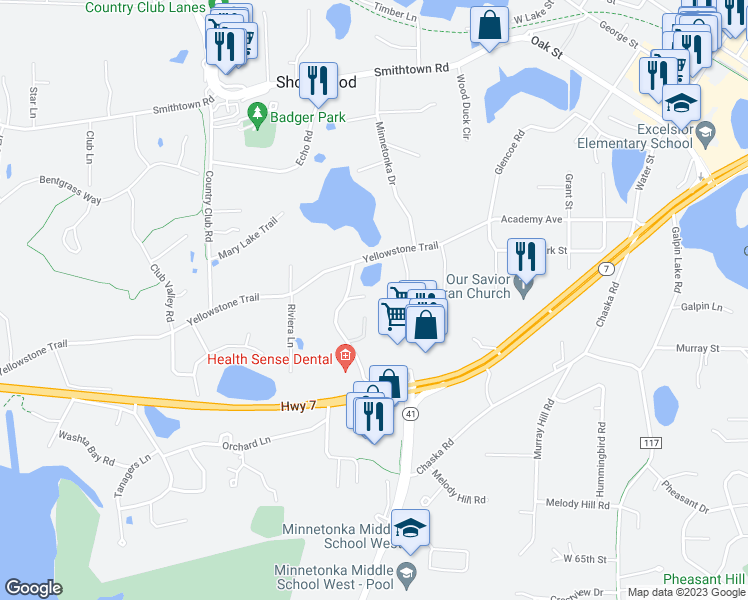 map of restaurants, bars, coffee shops, grocery stores, and more near 5990 Lake Linden Court in Excelsior