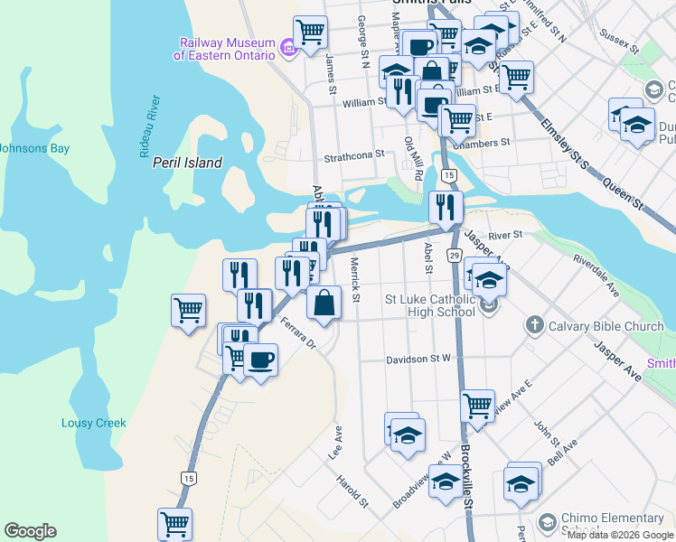 map of restaurants, bars, coffee shops, grocery stores, and more near 11 Abbott Street South in Smiths Falls