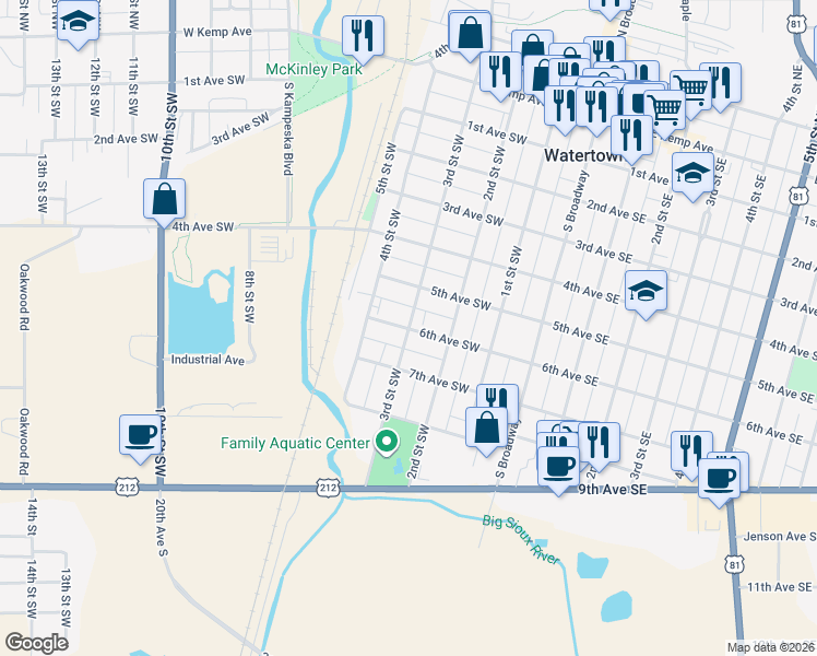 map of restaurants, bars, coffee shops, grocery stores, and more near 599 3rd Street Southwest in Watertown