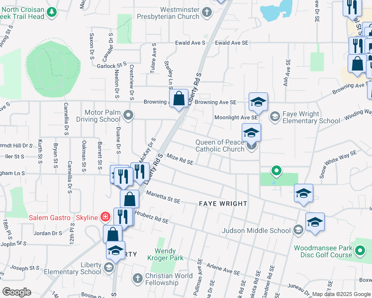 map of restaurants, bars, coffee shops, grocery stores, and more near 145 Friendship Avenue Southeast in Salem