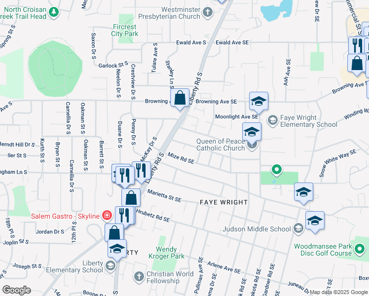 map of restaurants, bars, coffee shops, grocery stores, and more near 145 Friendship Avenue Southeast in Salem