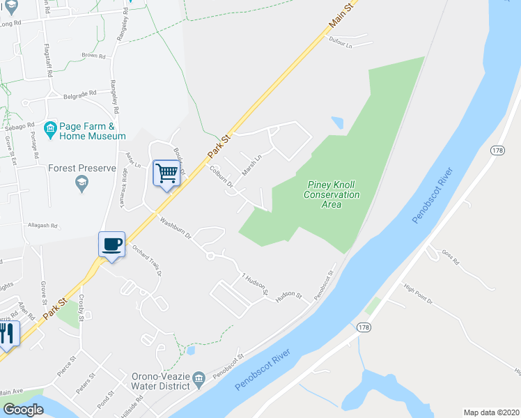 map of restaurants, bars, coffee shops, grocery stores, and more near 1-99 Hubbard Farms Road in Orono