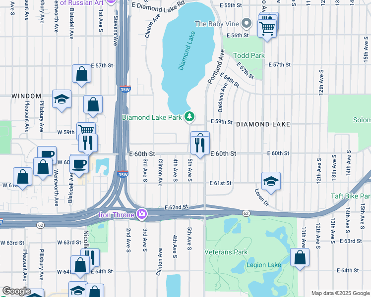 map of restaurants, bars, coffee shops, grocery stores, and more near 404 Chester Street in Minneapolis