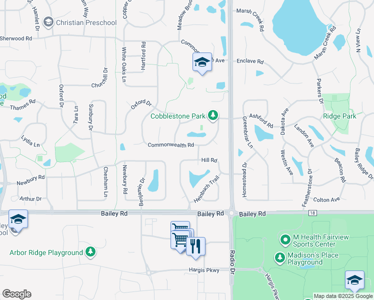 map of restaurants, bars, coffee shops, grocery stores, and more near 3643 Commonwealth Road in Woodbury